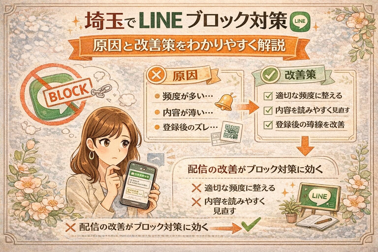 花の装飾に囲まれたやわらかいイラスト調デザインで、埼玉のLINEブロック対策について、原因の整理、改善策、配信内容や頻度の見直し方を紹介しているアイキャッチ画像