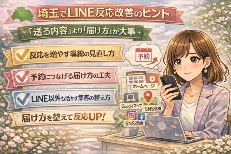 埼玉でLINE反応改善に悩む女性経営者向けに、送る内容ではなく届け方の見直し方を紹介しているイラスト調のアイキャッチ画像