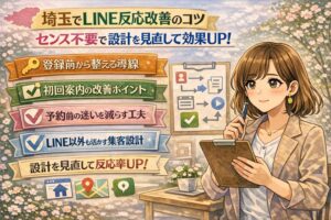 埼玉でLINE反応改善に取り組む女性経営者向けに、設計を見直して反応率を上げる考え方をまとめたイラスト調のアイキャッチ画像