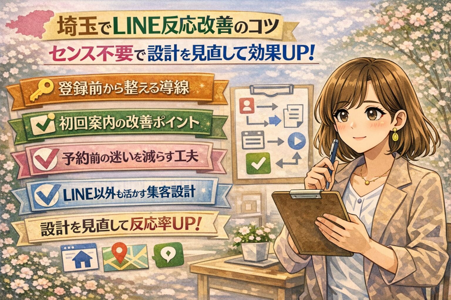 埼玉でLINE反応改善に取り組む女性経営者向けに、設計を見直して反応率を上げる考え方をまとめたイラスト調のアイキャッチ画像