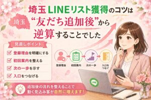 埼玉でLINEのリスト獲得を増やしたい女性経営者向けに、追加後から逆算する導線設計のポイントをまとめたイラスト調のアイキャッチ画像
