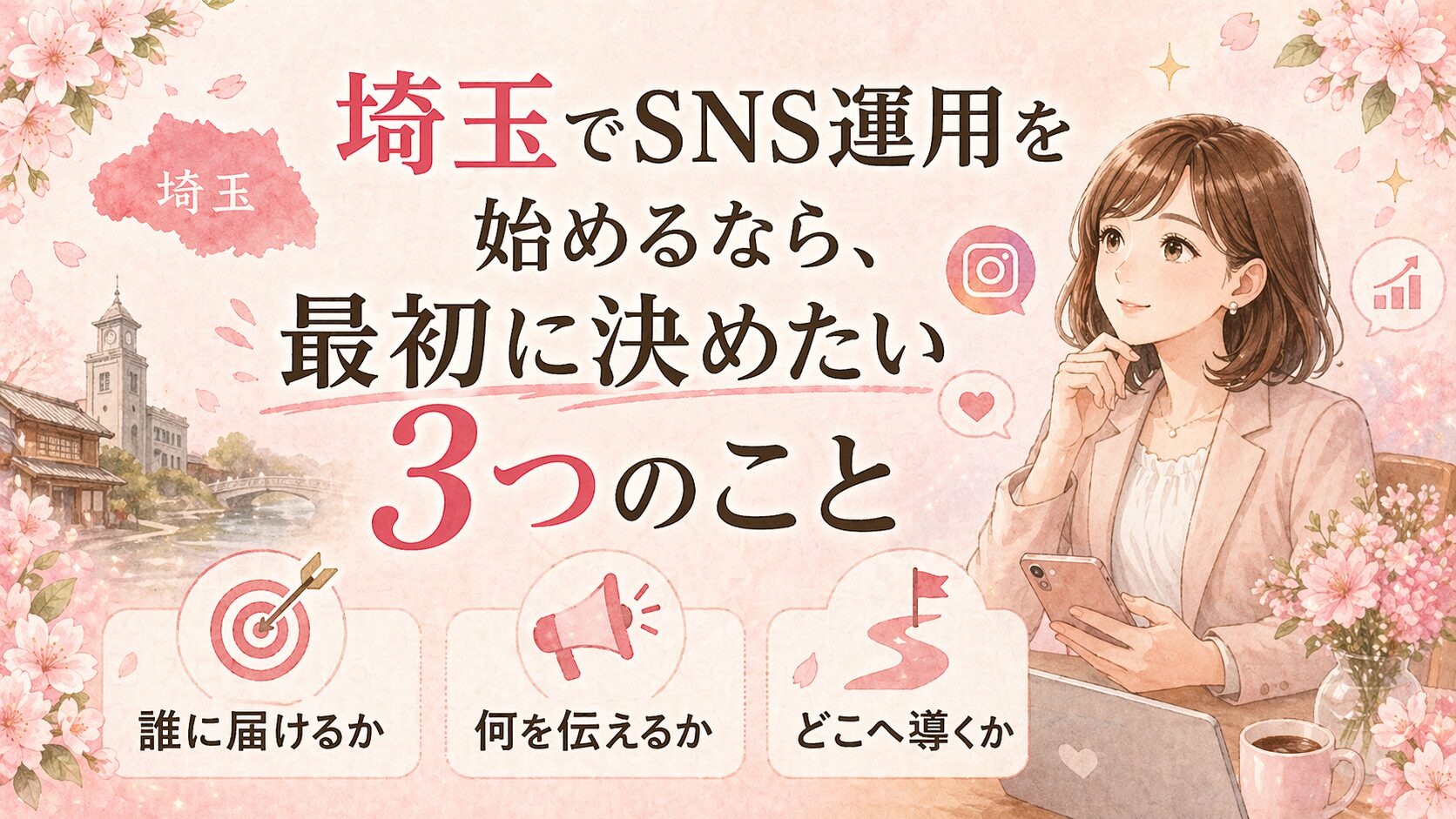 埼玉でSNS運用を始めたい女性経営者向けに、最初に決めたい3つのことをまとめたイラスト調のアイキャッチ画像