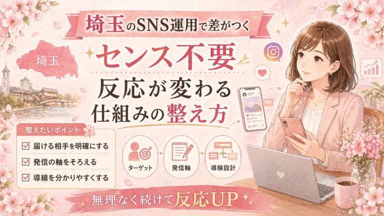 埼玉でSNS運用に悩む女性経営者向けに、センスではなく仕組みを整えて反応を変える方法をまとめたイラスト調のアイキャッチ画像