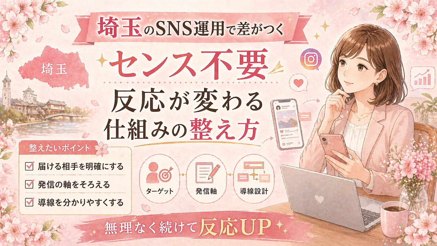 埼玉でSNS運用に悩む女性経営者向けに、センスではなく仕組みを整えて反応を変える方法をまとめたイラスト調のアイキャッチ画像
