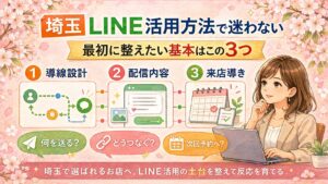 埼玉でLINE活用方法に迷う女性経営者向けに、最初に整えたい基本を3つに分けて紹介したイラスト調のアイキャッチ画像