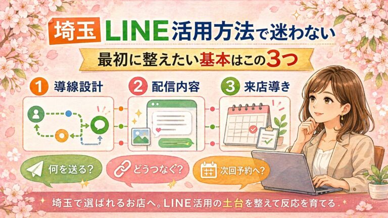 埼玉でLINE活用方法に迷う女性経営者向けに、最初に整えたい基本を3つに分けて紹介したイラスト調のアイキャッチ画像