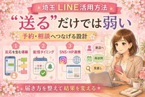 埼玉でLINE活用方法を見直したい女性経営者向けに、送るだけで終わらせず予約や相談につなげる使い方をまとめたイラスト調のアイキャッチ画像