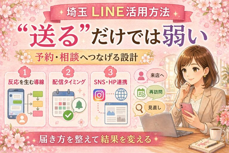 埼玉でLINE活用方法を見直したい女性経営者向けに、送るだけで終わらせず予約や相談につなげる使い方をまとめたイラスト調のアイキャッチ画像