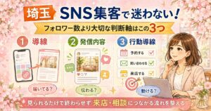 埼玉でSNS集客を強くしたい方向けに、フォロワー数より大切な判断軸を3つに整理して紹介したイラスト調のアイキャッチ画像