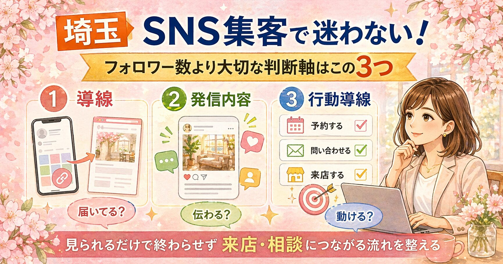 埼玉でSNS集客を強くしたい方向けに、フォロワー数より大切な判断軸を3つに整理して紹介したイラスト調のアイキャッチ画像