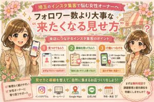 埼玉でインスタ集客に悩む女性オーナー向けに、フォロワー数より大切な「来たくなる見せ方」を3つのポイントで紹介したイラスト調アイキャッチ画像
