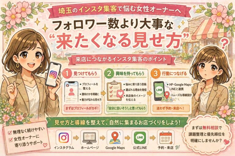 埼玉でインスタ集客に悩む女性オーナー向けに、フォロワー数より大切な「来たくなる見せ方」を3つのポイントで紹介したイラスト調アイキャッチ画像