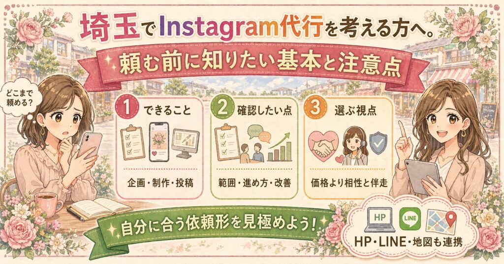 埼玉でInstagram代行を検討する女性オーナー向けに、頼む前に知りたい基本と注意点を3つの視点で分かりやすく紹介したイラスト調アイキャッチ画像