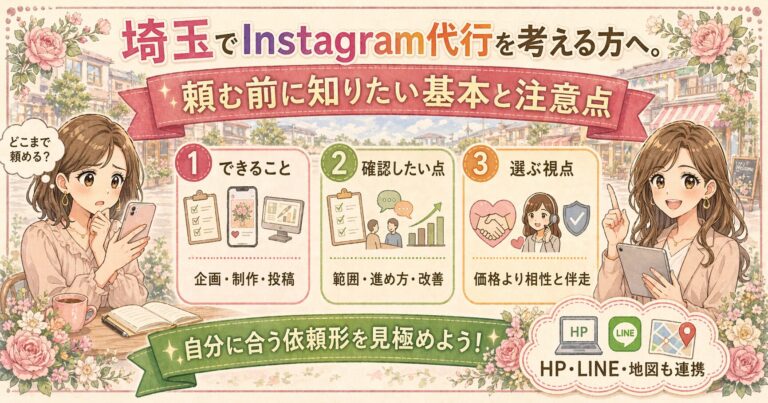 埼玉でInstagram代行を検討する女性オーナー向けに、頼む前に知りたい基本と注意点を3つの視点で分かりやすく紹介したイラスト調アイキャッチ画像
