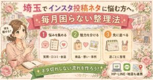 埼玉でインスタ投稿ネタに悩む女性オーナー向けに、毎月困らない整理法を3つの視点で分かりやすく紹介したイラスト調アイキャッチ画像