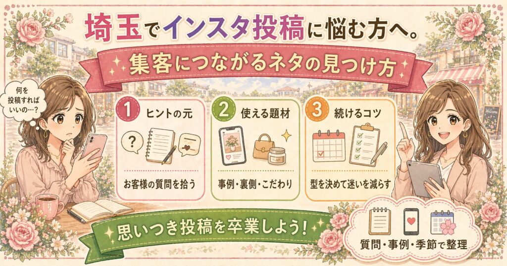 埼玉でインスタ投稿に悩む女性オーナー向けに、集客につながるネタの見つけ方を3つの視点で分かりやすく紹介したイラスト調アイキャッチ画像