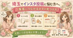 埼玉でインスタ投稿に悩む女性オーナー向けに、集客につながるネタの見つけ方を3つの視点で分かりやすく紹介したイラスト調アイキャッチ画像