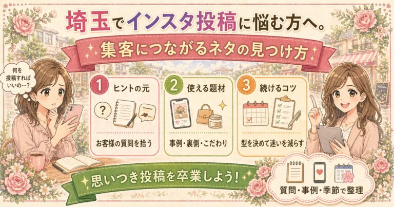 埼玉でインスタ投稿に悩む女性オーナー向けに、集客につながるネタの見つけ方を3つの視点で分かりやすく紹介したイラスト調アイキャッチ画像