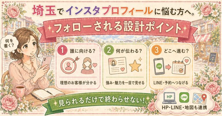 埼玉でインスタプロフィールに悩む女性オーナー向けに、フォローされる設計ポイントを3つの視点で分かりやすく紹介したイラスト調アイキャッチ画像
