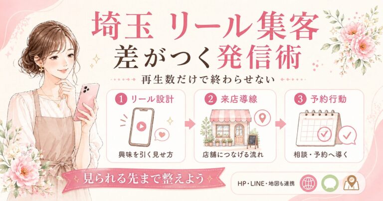 埼玉でリール集客に悩む女性オーナー向けに、来店導線まで考える発信術を3つの視点で分かりやすく紹介したイラスト調アイキャッチ画像