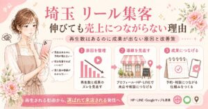 埼玉でリール集客に悩む女性オーナー向けに、伸びても売上につながらない理由と改善の流れを3つの視点で分かりやすく紹介したイラスト調アイキャッチ画像