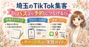 埼玉のTikTok集客でバズより予約につなげる方法を、投稿ネタ・プロフィール設計・導線づくりに分けて解説した女性経営者向けアイキャッチ画像
