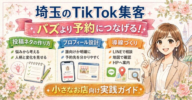 埼玉のTikTok集客でバズより予約につなげる方法を、投稿ネタ・プロフィール設計・導線づくりに分けて解説した女性経営者向けアイキャッチ画像