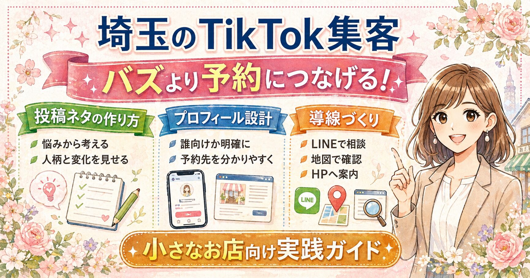 埼玉のTikTok集客でバズより予約につなげる方法を、投稿ネタ・プロフィール設計・導線づくりに分けて解説した女性経営者向けアイキャッチ画像