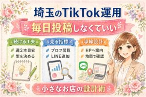 埼玉のTikTok運用で毎日投稿しなくていい理由を、続ける工夫・見る指標・導線設計に分けて解説した女性経営者向けアイキャッチ画像