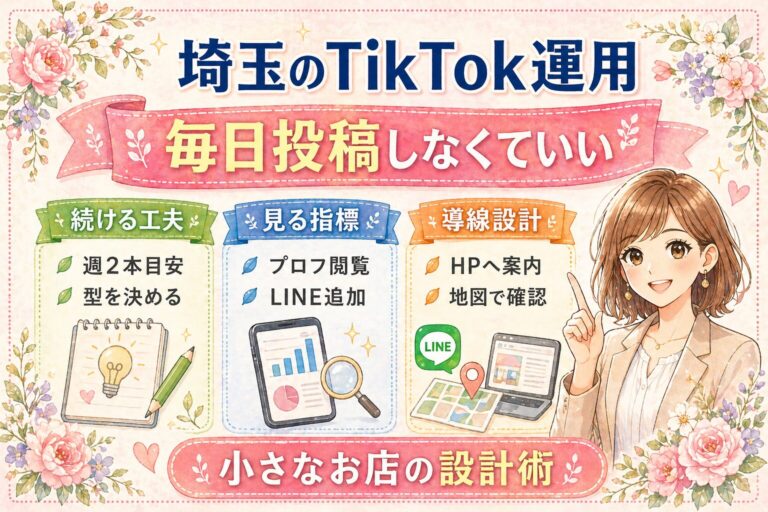 埼玉のTikTok運用で毎日投稿しなくていい理由を、続ける工夫・見る指標・導線設計に分けて解説した女性経営者向けアイキャッチ画像