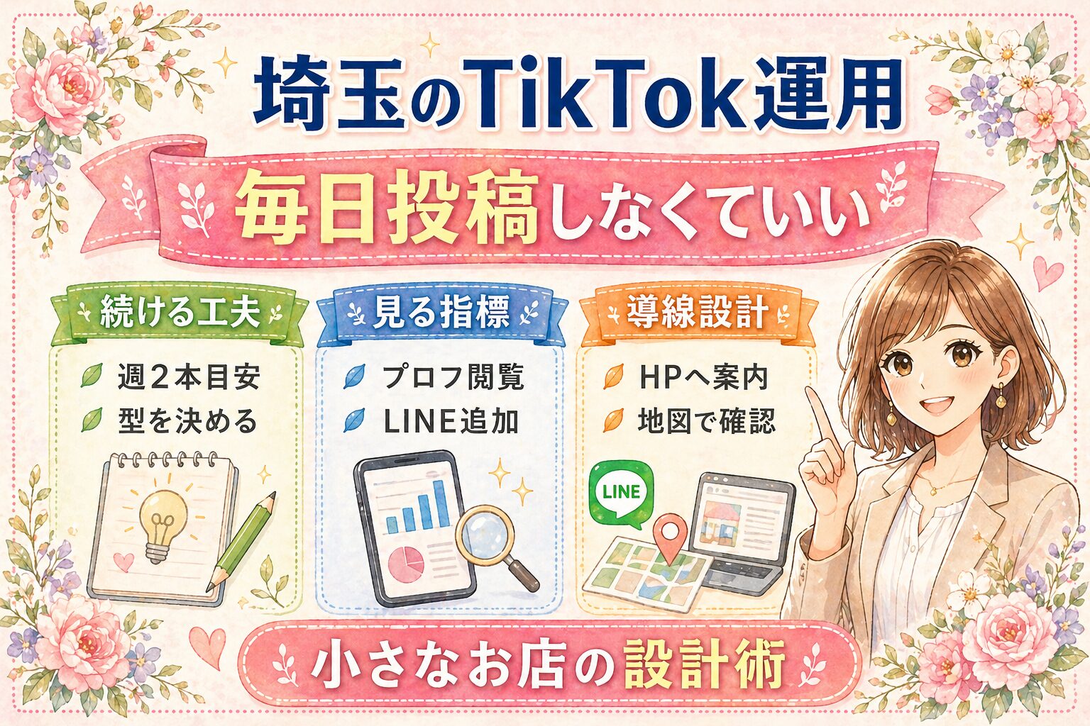 埼玉のTikTok運用で毎日投稿しなくていい理由を、続ける工夫・見る指標・導線設計に分けて解説した女性経営者向けアイキャッチ画像