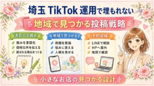 埼玉のTikTok運用でライバル店に埋もれないための投稿戦略を、差別化・地域で見つかる工夫・予約導線に分けて解説した女性経営者向けアイキャッチ画像