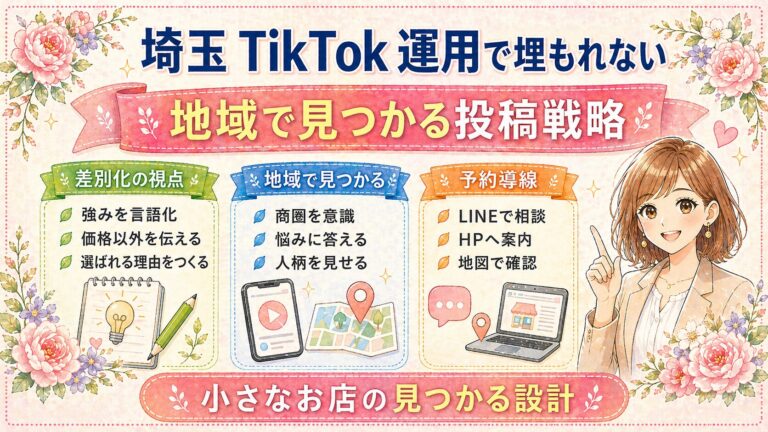 埼玉のTikTok運用でライバル店に埋もれないための投稿戦略を、差別化・地域で見つかる工夫・予約導線に分けて解説した女性経営者向けアイキャッチ画像