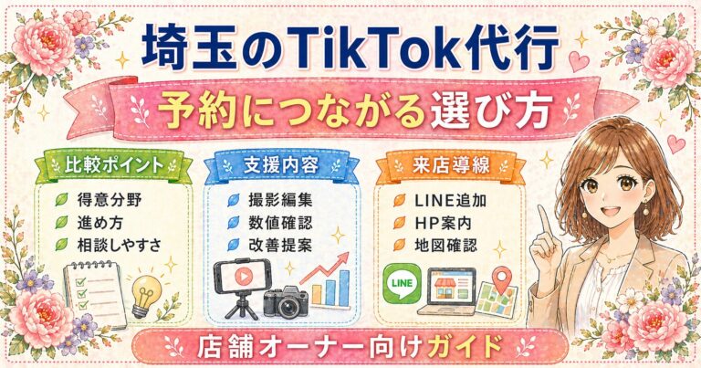 埼玉のTikTok代行で予約につながる会社を選ぶための比較ポイント、支援内容、来店導線を解説した女性経営者向けアイキャッチ画像