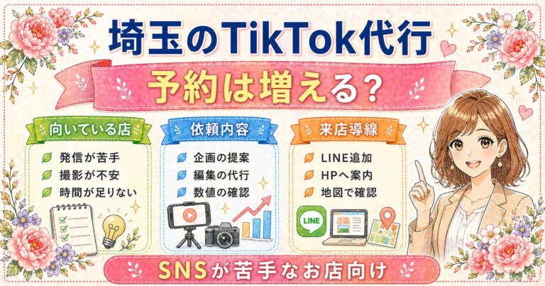 埼玉のTikTok代行で予約は増えるのかを、SNSが苦手なお店向けに依頼内容・来店導線・向いている店舗の特徴で解説した女性経営者向けアイキャッチ画像