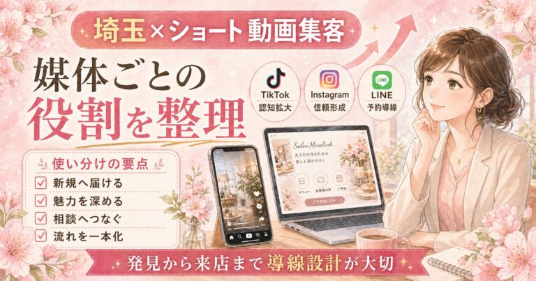 埼玉のショート動画集客で、TikTok・Instagram・LINEの役割を整理し、発見から来店までの導線設計を解説する女性経営者向けアイキャッチ画像