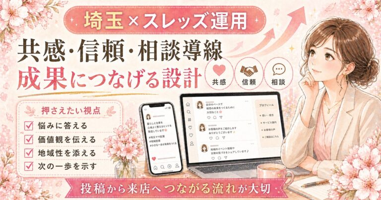埼玉のスレッズ運用で、共感・信頼・相談導線を整え、投稿から来店につなげる流れを解説する女性経営者向けアイキャッチ画像