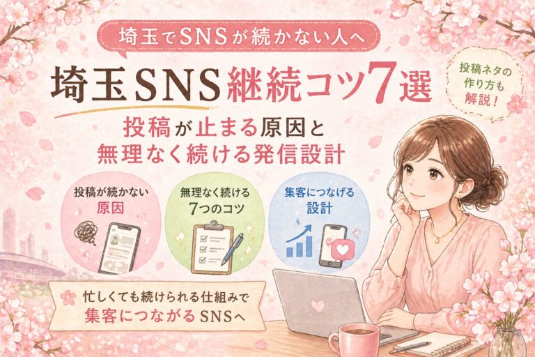 埼玉でSNSが続かない店舗オーナー向けに、投稿が止まる原因と無理なく続ける7つのコツ、集客につなげる発信設計を解説したアイキャッチ画像