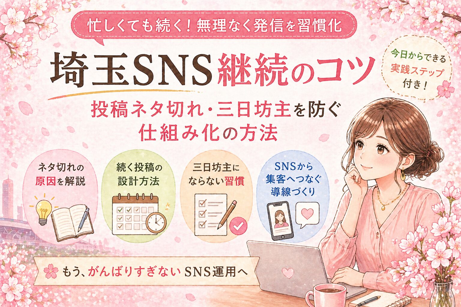 埼玉SNS継続のコツとして、投稿ネタ切れや三日坊主を防ぎ、無理なく発信を習慣化して集客導線を整える方法を解説したアイキャッチ画像