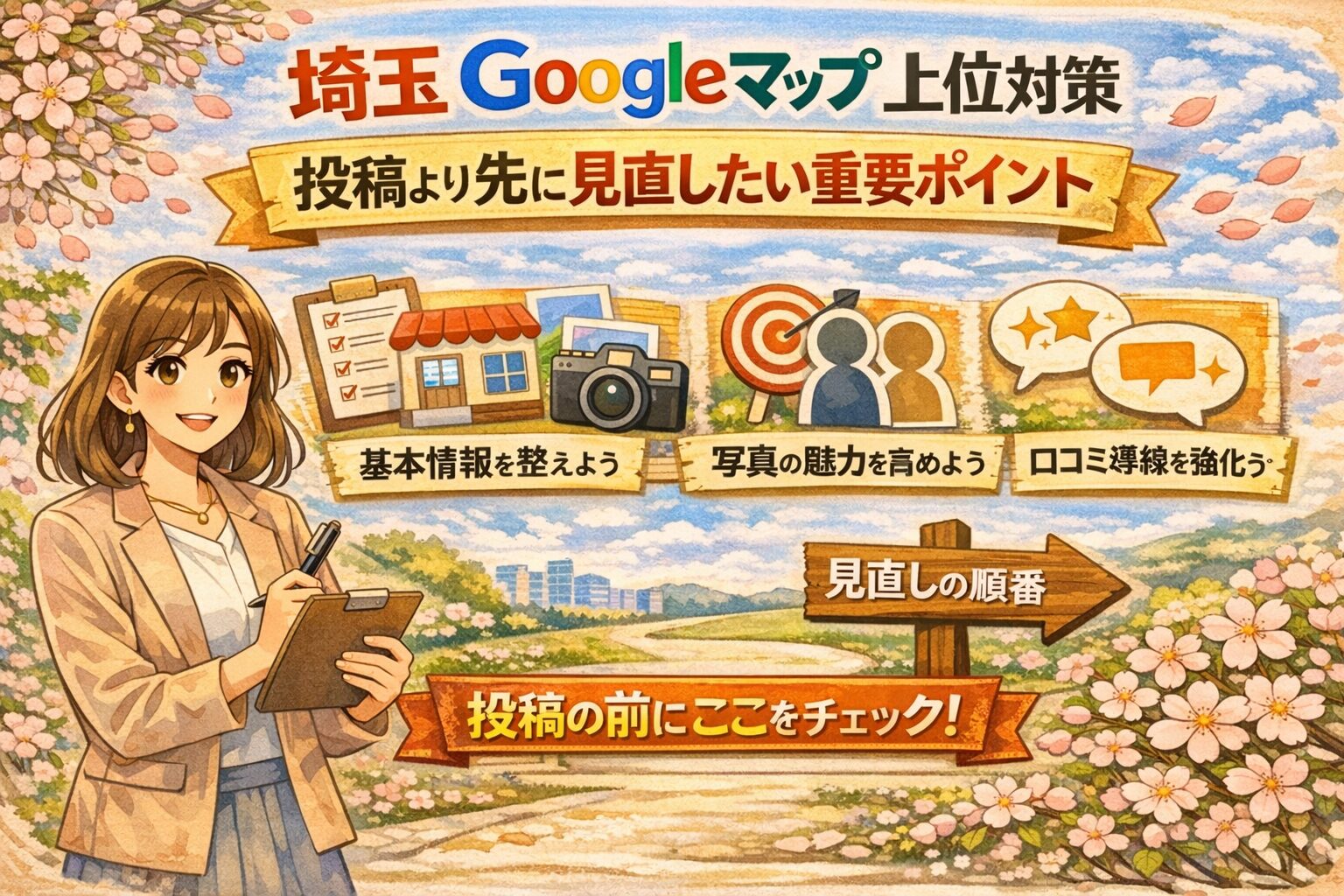 埼玉のGoogleマップ上位対策で、投稿より先に見直したい重要ポイントを解説するアイキャッチ画像。女性のイラストと、基本情報、写真、口コミ導線、見直しの順番を分かりやすくまとめたデザインです。