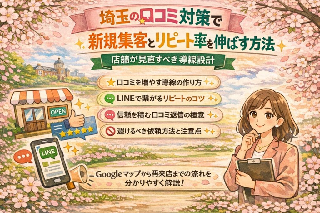桜が舞うやわらかな背景の中で、埼玉の口コミ対策による新規集客とリピート率向上の方法を、女性向けのやさしいイラストと図解で紹介しているアイキャッチ画像