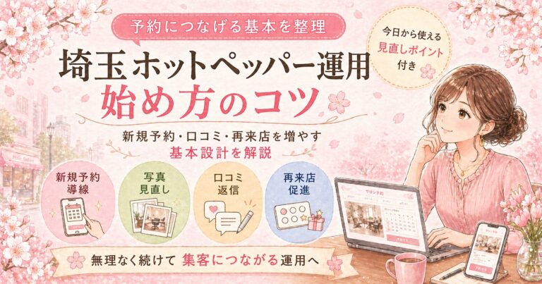 埼玉のホットペッパー運用で、新規予約・写真見直し・口コミ返信・再来店促進を整え、集客につなげる方法を解説した女性サロンオーナー向けアイキャッチ画像