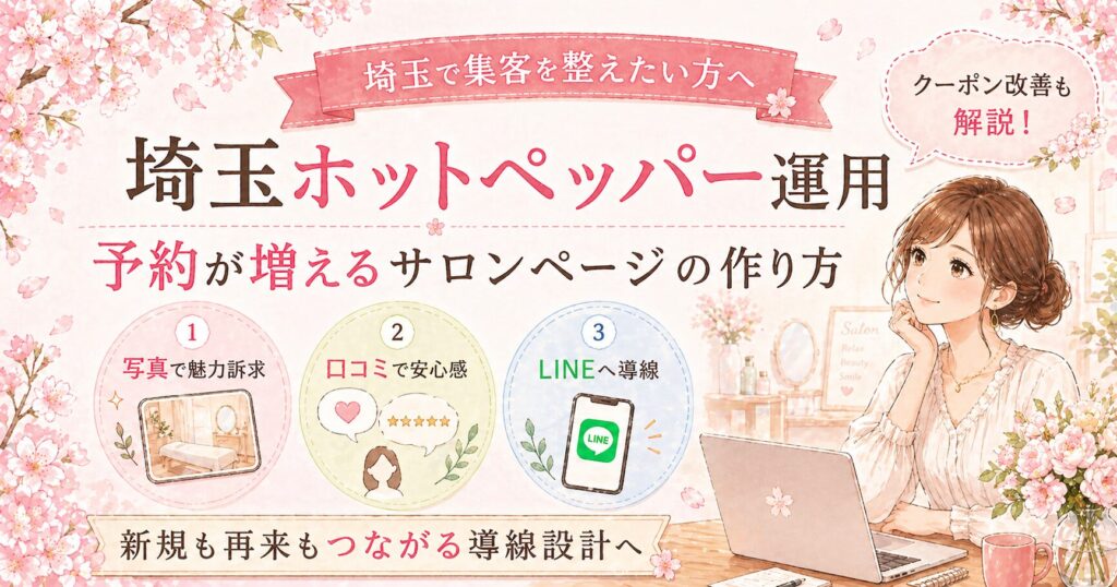 埼玉のホットペッパー運用で、写真・口コミ・LINE導線を整え、予約が増えるサロンページの作り方を解説した女性サロンオーナー向けアイキャッチ画像