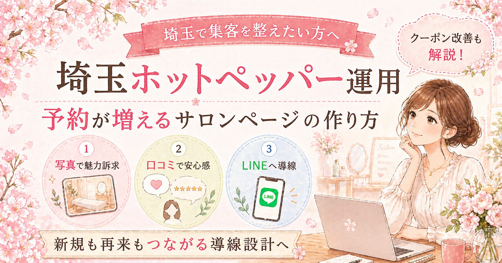 埼玉のホットペッパー運用で、写真・口コミ・LINE導線を整え、予約が増えるサロンページの作り方を解説した女性サロンオーナー向けアイキャッチ画像