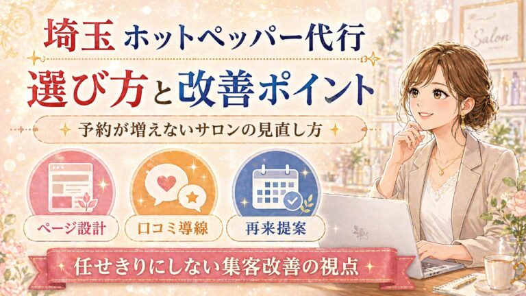 埼玉のホットペッパー代行で、予約が増えないサロンのページ設計・口コミ導線・再来店提案を見直すポイントを解説した女性サロンオーナー向けアイキャッチ画像