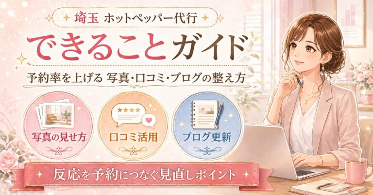 埼玉のホットペッパー代行で、写真の見せ方・口コミ活用・ブログ更新を整え、予約率を上げる改善ポイントを解説した女性サロンオーナー向けアイキャッチ画像