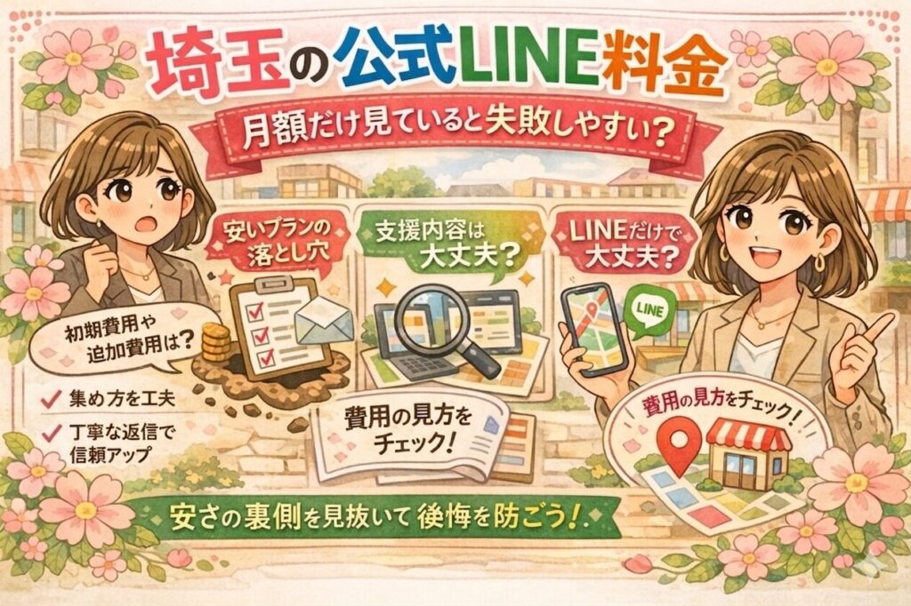 埼玉の公式LINE料金について、月額だけで判断すると失敗しやすい理由を、安いプランの落とし穴・支援内容・費用の見方の3点から分かりやすく伝える、女性経営者向けのイラスト調アイキャッチ画像