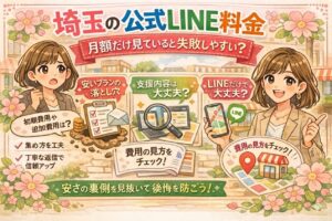 埼玉の公式LINE料金について、月額だけで判断すると失敗しやすい理由を、安いプランの落とし穴・支援内容・費用の見方の3点から分かりやすく伝える、女性経営者向けのイラスト調アイキャッチ画像
