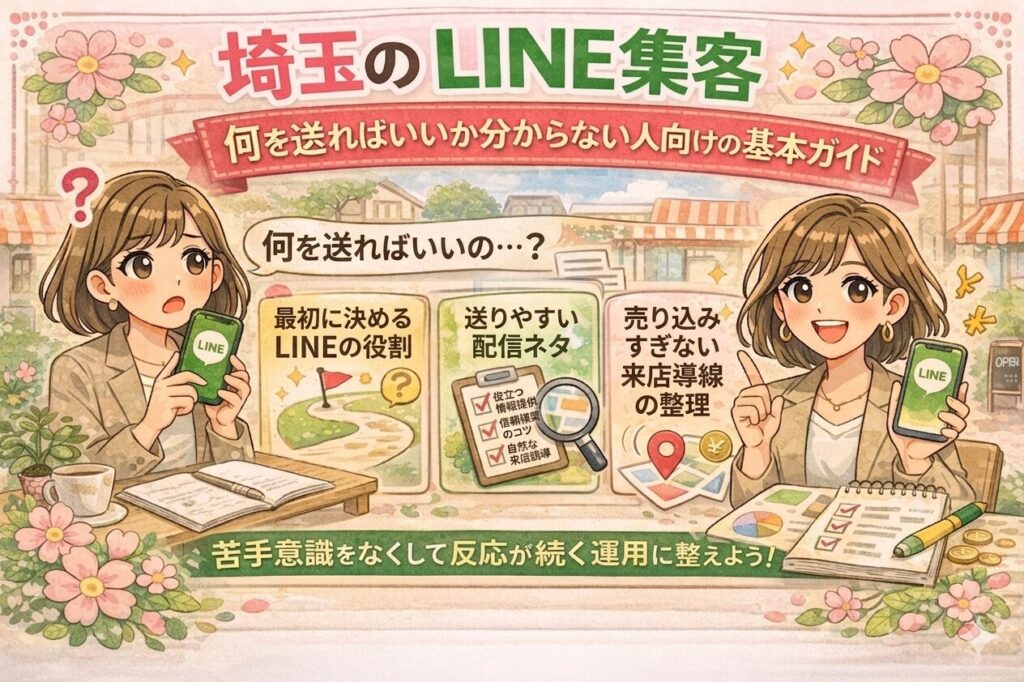 埼玉のLINE集客について、何を送ればいいか分からない人向けに、LINEの役割・送りやすい配信ネタ・来店導線の整理を分かりやすく伝える、女性経営者向けのイラスト調アイキャッチ画像