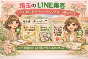 埼玉のLINE集客について、何を送ればいいか分からない人向けに、LINEの役割・送りやすい配信ネタ・来店導線の整理を分かりやすく伝える、女性経営者向けのイラスト調アイキャッチ画像
